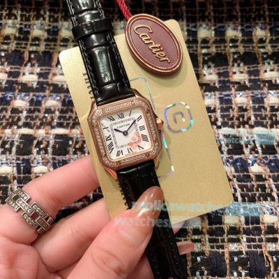 Cartier Panthere Rose Gold Bezel Leather Strap Women's Watch Replica